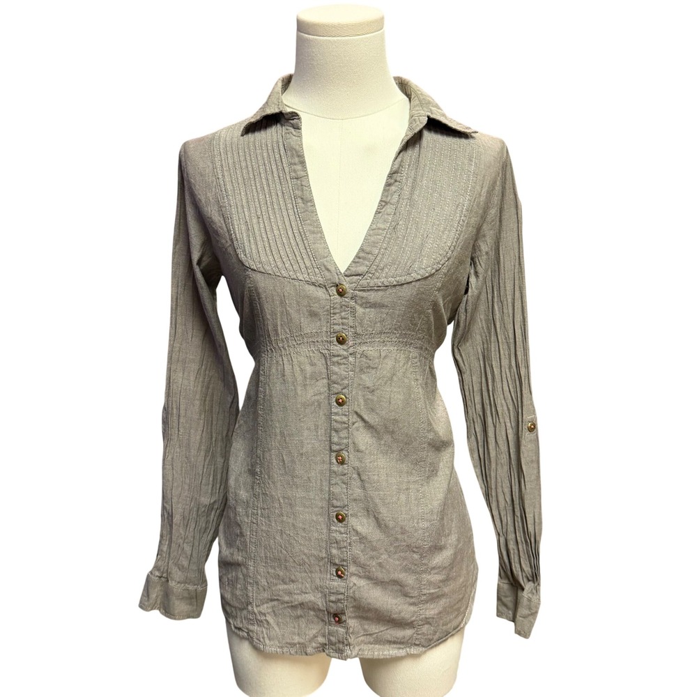 Tally Weijl Button Down Top Womens 36 Grey Good Pleated Utility Chic Long Sleeve